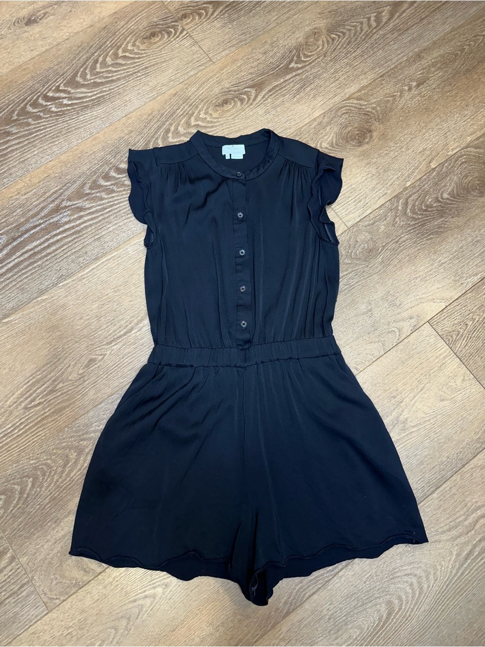 Black Ruffle Sleeve Button Front Romper wide leg 100% viscose sz 6 | minimalist